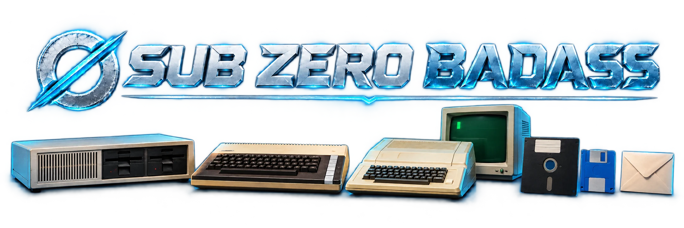 Sub Zero Badass - frozen steel lettering over classic computers, floppy disks and an envelope